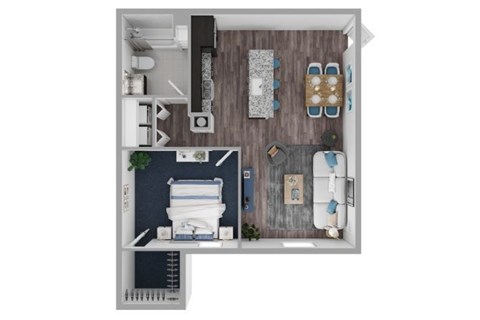Floor plan for 1 bed, 1 bath, 701 sqft